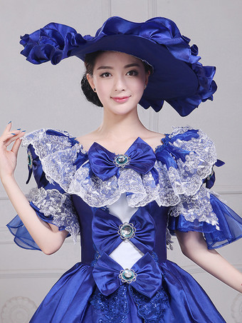 ブルー レトロ コスチューム リボン ポリエステル 帽子 レディース レトロ マリー アントワネット コスチューム セット ヴィンテージ 衣類