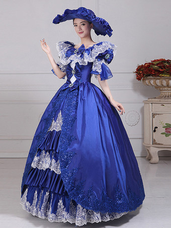 ブルー レトロ コスチューム リボン ポリエステル 帽子 レディース レトロ マリー アントワネット コスチューム セット ヴィンテージ 衣類