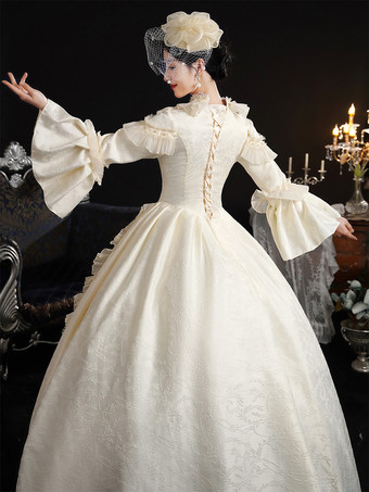 エクリュホワイトレトロコスチューム リボン マリーアントワネットコスチューム ポリエステル帽子 レディースレトロセット 18世紀コスチューム