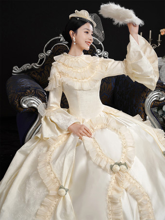 エクリュホワイトレトロコスチューム リボン マリーアントワネットコスチューム ポリエステル帽子 レディースレトロセット 18世紀コスチューム