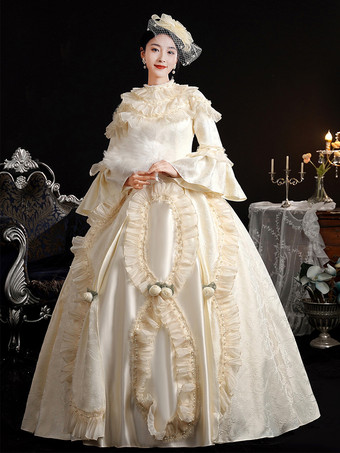 エクリュホワイトレトロコスチューム リボン マリーアントワネットコスチューム ポリエステル帽子 レディースレトロセット 18世紀コスチューム