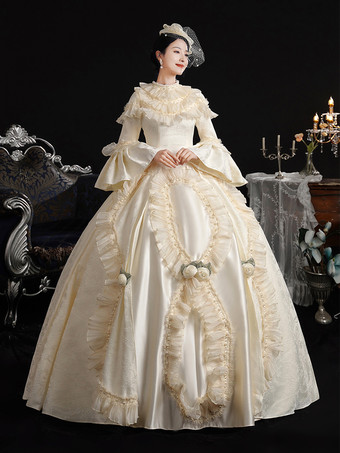 エクリュホワイトレトロコスチューム リボン マリーアントワネットコスチューム ポリエステル帽子 レディースレトロセット 18世紀コスチューム