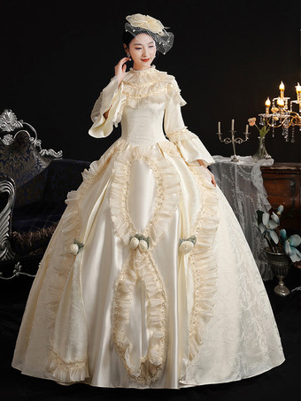 エクリュホワイトレトロコスチューム リボン マリーアントワネットコスチューム ポリエステル帽子 レディースレトロセット 18世紀コスチューム