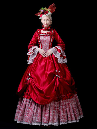 レッド レッド レトロ コスチューム レディース レース フリル レース ポリエステル マリー アントワネット コスチューム セット チョーカー ドレス レトロ 18 世紀 コスチューム バーガンディ