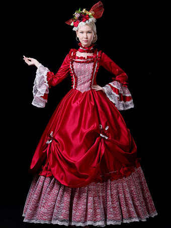 レッド レトロ コスチューム レディース レース フリル レース ポリエステル マリー アントワネット コスチューム セット チョーカー ドレス レトロ 18 世紀 コスチューム バーガンディ