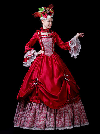 レッド レトロ コスチューム レディース レース フリル レース ポリエステル マリー アントワネット コスチューム セット チョーカー ドレス レトロ 18 世紀 コスチューム バーガンディ
