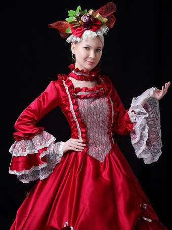 レッド レトロ コスチューム レディース レース フリル レース ポリエステル マリー アントワネット コスチューム セット チョーカー ドレス レトロ 18 世紀 コスチューム バーガンディ