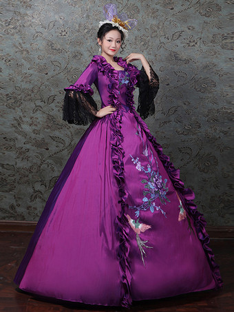 パープル パープルレトロコスチュームレディースレースフリルレースマリーアントワネットコスチュームポリエステルセットドレス帽子レトロ18世紀コスチューム