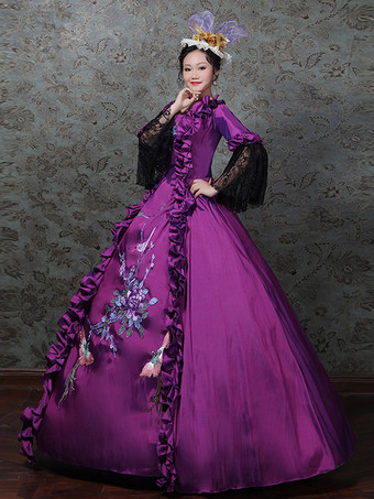 パープルレトロコスチュームレディースレースフリルレースマリーアントワネットコスチュームポリエステルセットドレス帽子レトロ18世紀コスチューム