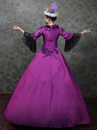 パープルレトロコスチュームレディースレースフリルレースマリーアントワネットコスチュームポリエステルセットドレス帽子レトロ18世紀コスチューム