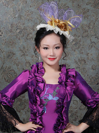 パープルレトロコスチュームレディースレースフリルレースマリーアントワネットコスチュームポリエステルセットドレス帽子レトロ18世紀コスチューム