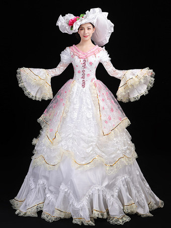 ホワイト レトロ コスチューム レースアップ ポリエステル 花柄 マリー アントワネット コスチューム ドレス レディース レトロ セット ヴィンテージ クロージング