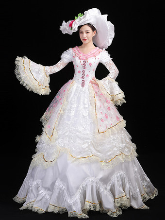 ホワイト レトロ コスチューム レースアップ ポリエステル 花柄 マリー アントワネット コスチューム ドレス レディース レトロ セット ヴィンテージ クロージング