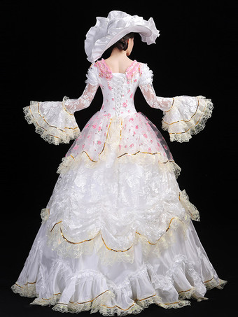 ホワイト レトロ コスチューム レースアップ ポリエステル 花柄 マリー アントワネット コスチューム ドレス レディース レトロ セット ヴィンテージ クロージング