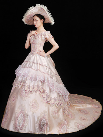 シャンパンレトロコスチューム レディース 花柄 フリル リボン マリーアントワネット コスチューム ポリエステル セット ドレス 帽子 レトロ パーティー プロム ドレス