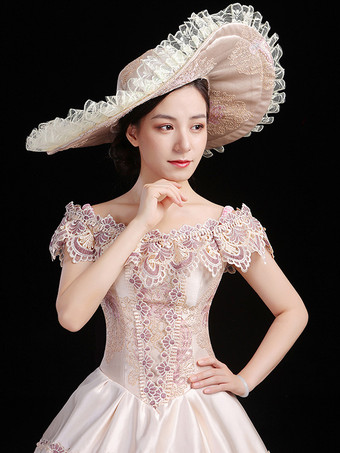 シャンパンレトロコスチューム レディース 花柄 フリル リボン マリーアントワネット コスチューム ポリエステル セット ドレス 帽子 レトロ パーティー プロム ドレス