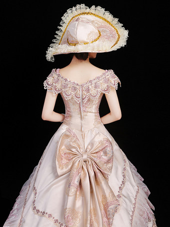 シャンパンレトロコスチューム レディース 花柄 フリル リボン マリーアントワネット コスチューム ポリエステル セット ドレス 帽子 レトロ パーティー プロム ドレス
