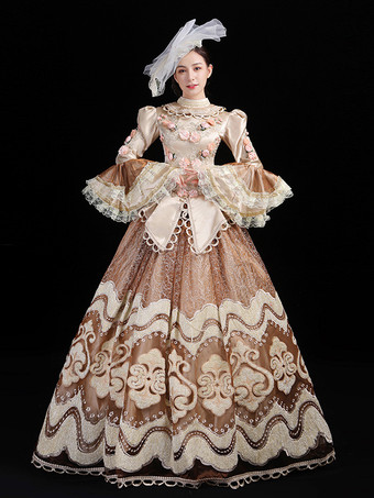 シャンパンレトロコスチューム レディース 刺繍フリル ポリエステルセット 帽子ドレス レトロ マリーアントワネットコスチューム 仮面舞踏会 ボールガウン