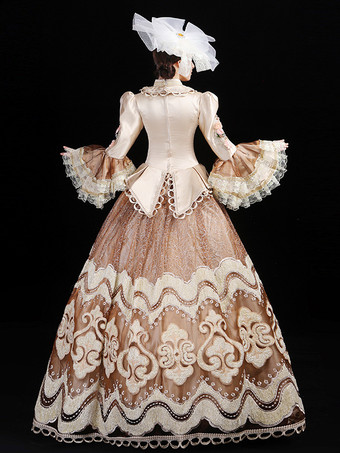 シャンパンレトロコスチューム レディース 刺繍フリル ポリエステルセット 帽子ドレス レトロ マリーアントワネットコスチューム 仮面舞踏会 ボールガウン