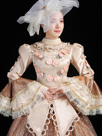 シャンパンレトロコスチューム レディース 刺繍フリル ポリエステルセット 帽子ドレス レトロ マリーアントワネットコスチューム 仮面舞踏会 ボールガウン