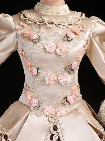 シャンパンレトロコスチューム レディース 刺繍フリル ポリエステルセット 帽子ドレス レトロ マリーアントワネットコスチューム 仮面舞踏会 ボールガウン