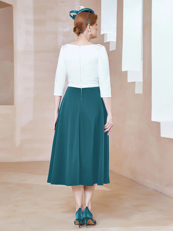 マザードレス ジュエルネック ハーフスリーブ Aライン ビーズ ティーレングス ゲストドレス 結婚式用