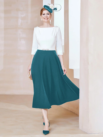 ブルーグリーンマザードレス ジュエルネック ハーフスリーブ Aライン ビーズ ティーレングス ゲストドレス 結婚式用