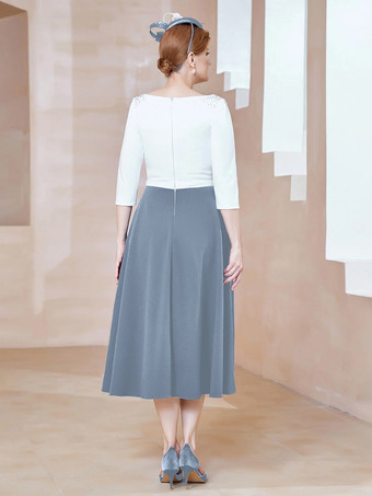 マザードレス ジュエルネック ハーフスリーブ Aライン ビーズ ティーレングス ゲストドレス 結婚式用