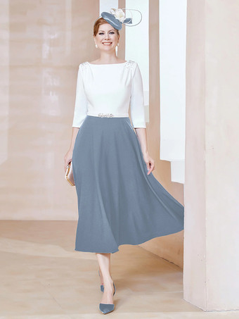 スレートグレー マザードレス ジュエルネック ハーフスリーブ Aライン ビーズ ティーレングス ゲストドレス 結婚式用