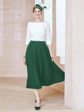 グリーン マザードレス ジュエルネック ハーフスリーブ Aライン ビーズ ティーレングス ゲストドレス 結婚式用