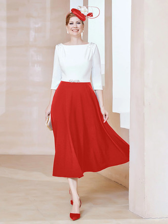 レッド マザードレス ジュエルネック ハーフスリーブ Aライン ビーズ ティーレングス ゲストドレス 結婚式用
