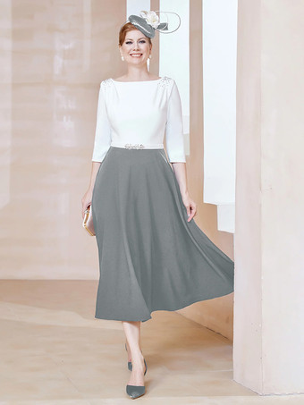 グレイマザードレス ジュエルネック ハーフスリーブ Aライン ビーズ ティーレングス ゲストドレス 結婚式用