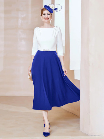 ロイヤルブルーマザードレス ジュエルネック ハーフスリーブ Aライン ビーズ ティーレングス ゲストドレス 結婚式用