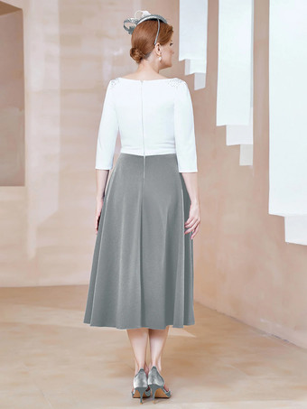 マザードレス ジュエルネック ハーフスリーブ Aライン ビーズ ティーレングス ゲストドレス 結婚式用