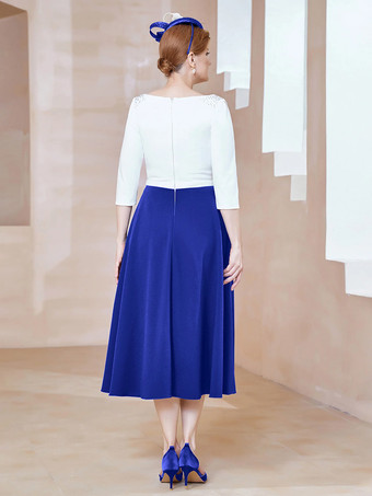 マザードレス ジュエルネック ハーフスリーブ Aライン ビーズ ティーレングス ゲストドレス 結婚式用