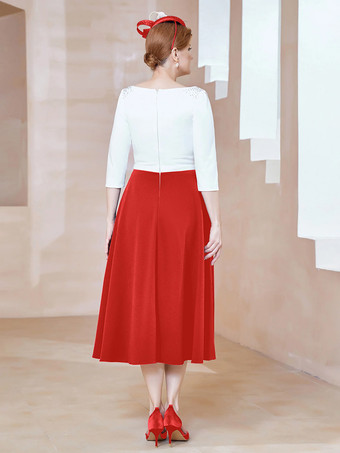 マザードレス ジュエルネック ハーフスリーブ Aライン ビーズ ティーレングス ゲストドレス 結婚式用