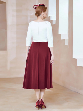 マザードレス ジュエルネック ハーフスリーブ Aライン ビーズ ティーレングス ゲストドレス 結婚式用