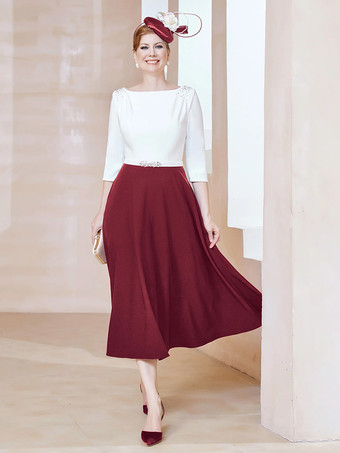 エンバーレッドマザードレス ジュエルネック ハーフスリーブ Aライン ビーズ ティーレングス ゲストドレス 結婚式用