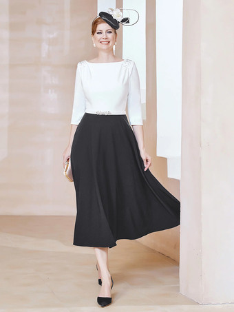 ブラックマザードレス ジュエルネック ハーフスリーブ Aライン ビーズ ティーレングス ゲストドレス 結婚式用