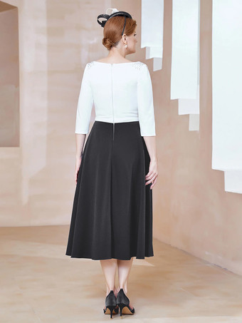 マザードレス ジュエルネック ハーフスリーブ Aライン ビーズ ティーレングス ゲストドレス 結婚式用