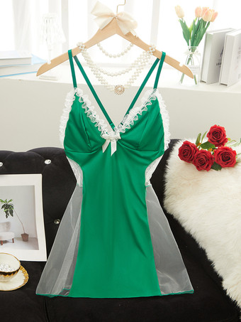 グリーン シックなスリープフリルシアーブラックパジャマスリープウェアベビードールシュミーズ