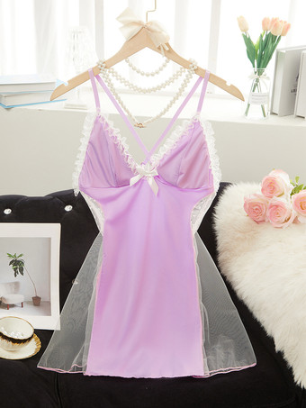 ラベンダーシックなスリープフリルシアーブラックパジャマスリープウェアベビードールシュミーズ