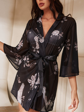 ローブ 寝間着 花柄 シースルー ランジェリー ナイトガウン