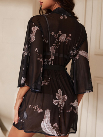 ローブ 寝間着 花柄 シースルー ランジェリー ナイトガウン