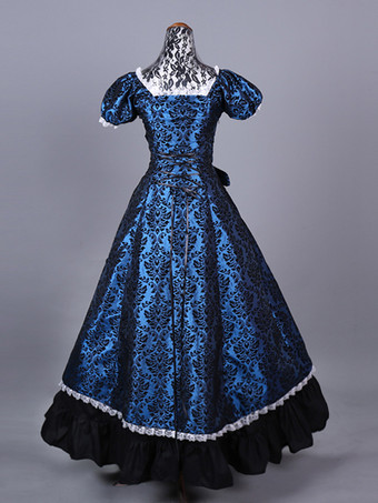 ブルー レトロ コスチューム レディース 花柄 フリル ポリエステル マリー アントワネット コスチューム セット ドレス レトロ 仮面舞踏会 ボールガウン