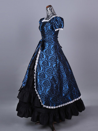 ブルー レトロ コスチューム レディース 花柄 フリル ポリエステル マリー アントワネット コスチューム セット ドレス レトロ 仮面舞踏会 ボールガウン