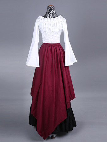 バーガンディ レトロコスチューム フリル ポリエステル チェック柄トップ レディース マリーアントワネットコスチューム レトロセット パーティー プロムドレス