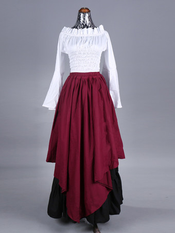 ワインレッド バーガンディ レトロコスチューム フリル ポリエステル チェック柄トップ レディース マリーアントワネットコスチューム レトロセット パーティー プロムドレス