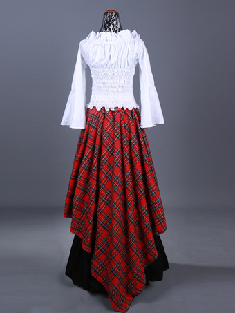 バーガンディ レトロコスチューム フリル ポリエステル チェック柄トップ レディース マリーアントワネットコスチューム レトロセット パーティー プロムドレス
