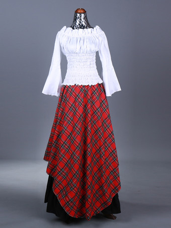 レッド バーガンディ レトロコスチューム フリル ポリエステル チェック柄トップ レディース マリーアントワネットコスチューム レトロセット パーティー プロムドレス